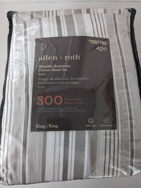 3351783 Allen Roth King Sheet Set 300 Thread Count 4pc Wrinkle Resistant Cotton Open Box