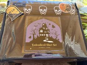 Rn104905 Artisan 34 Home Halloween Embroidered King Sheet Set Black With Skulls Nwt