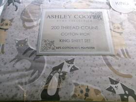Ashley Cooper 052501521461 New King Size Sheet Set Playful Cats On Grey #853