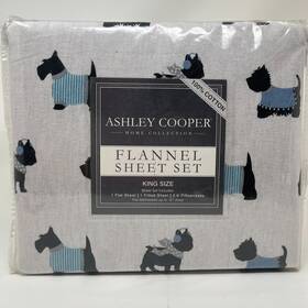 Ashley Cooper 655385045797 King Flannel Sheet Set Scottie Dog Print Gray 100% Cotton Bedding