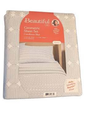Be1528037908-35 Beautiful Bedding Collection By Drew Barrymore Sage Green Geo Full Sheet Set 100% Cotton 4pc