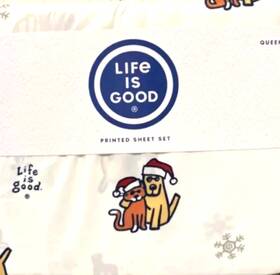 Berkshire 791551536963 Life Is Good Christmas Dogs Cats Holiday Cotton Queen Sheet Set All