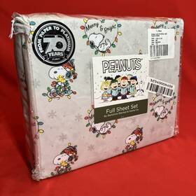 Berkshire 791551617655 Peanuts Snoopy Woodstock Christmas Merry Bright Lights Sheet Set Full Grey