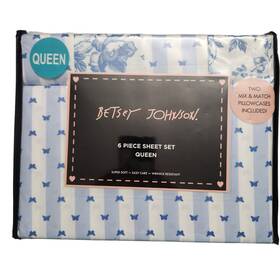 Betsey Johnson 883893902626 6pc Queen Sheet Set White Blue Butterfly Stripe New Super Soft
