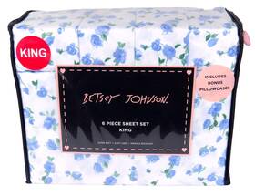 Ushsa01290164 Betsey Johnson 6-piece King Sheet Set Rosebud Blues/greens White Microfiber Bnwt