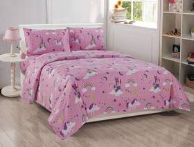 Better Home Style 665752476956 Pink Girls/3 Piece Sheet Set With Unicorns Castles And Rainbows In Magical La