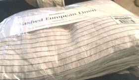 Brooklinen 840302737750 Washed European Linen Core Sheet Set Pinstripe In Fresh Moss Queen