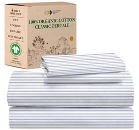 California Design Den 840307184948 Full Sheet Set Stripe 100% Organic Cotton Percale Sheets 4 Pc Deep Pocket F