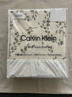 Calvin Klein 199165051016 New 4pc Queen Sheet Set Nature Airy Botanical Green On Off-white
