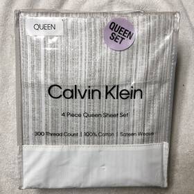 Calvin Klein 199165051078 Queen 4 Pc Sheet Set 300 Tc 100% Cotton Sateen Weave Painted Lines