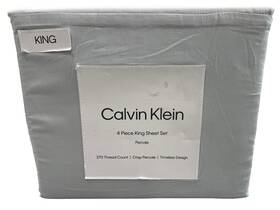 Calvin Klein 883893881082 100% Cotton 4pc King Sheet Set Crisp Percale Light Gray 270 Tc