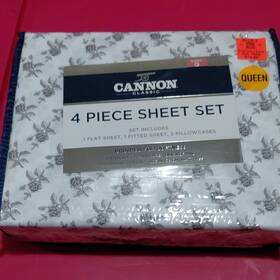 Rh91734 Cannon Queen 4 Piece Sheet Set Floral White Gray 100% Polyester Machine Washable