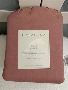 062104370 Casaluna Queen 100% Linen Solid Sheet Set Rose - New