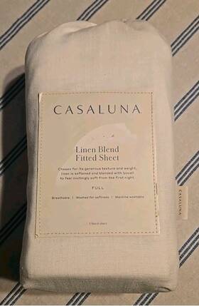 Casaluna 196761800628 Linen Blend Fitted Sheet - Natural Snowfall White Full Size