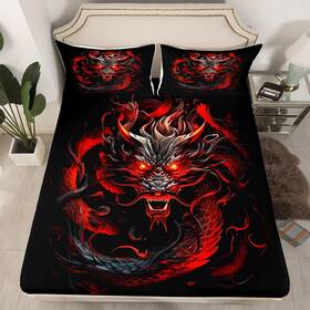 Zzrs6679zmd-cl Castle Fairy Red Black Dragon Fitted Sheet Queen Sizeglowing Flame Bedding Set 3pcs