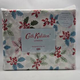 N0ne Cath Kidston Queen Christmas Holly Sheet Set Holiday Winter Berries Cotton New