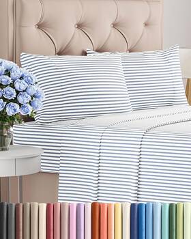 Cgk Unlimited 744759279224 Cal King 4-piece Cooling Sheet Set - Luxurious Blue Stripes Deep Pockets