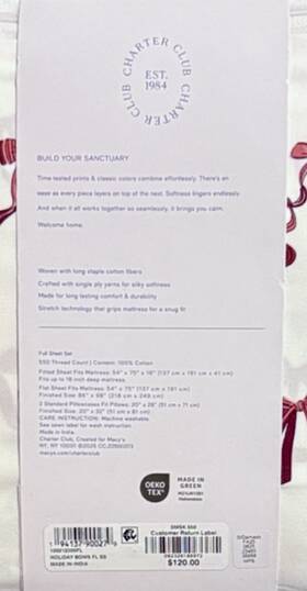 Charter Club 194137900408 Lux Damask 100% Cotton 550 Tc Full Sheet Set White With Red Bows 120