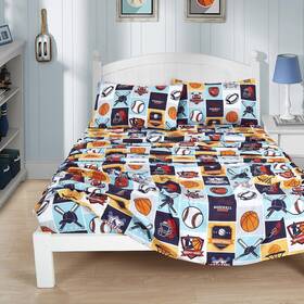 Chezmoi Collection 840079155160 4-piece Kids/teens My Sports Sheet Set - Soft Microfiber Navy Blue Gray Orang