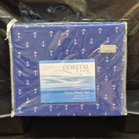 Coastal Life 840708113493 Twin Sheet Set Navy Blue Nautical Anchor Pattern 100% Cotton 300ct
