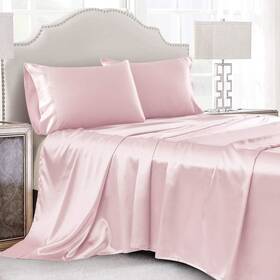 Cobedzy 692624437999 Blush Pink Satin Twin Sheet Set Soft Silky 1 Fitted Flat Pillowcase