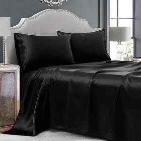 Cobedzy 745128233052 4 Pieces Black Satin Sheets Queen Size Bed Set Luxury Silky Bedding Sh