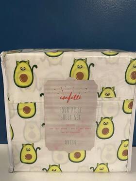 Confetti 889459382925 New Avocado Kitty Queen Sheet Set By Quirky&cute Fitted Flat 2 Cases