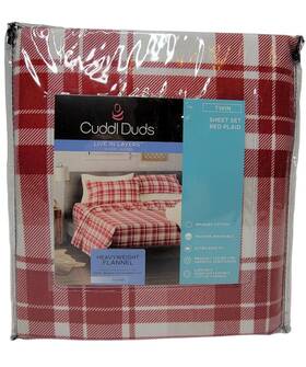 Cuddl Duds 400492795895 Twin Size Heavy Weight Flannel Red Ivory Plaid Sheet Set