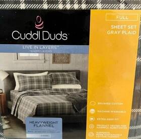 Cuddl Duds 400547818777 Heavyweight Cotton Flannel Full / Double Sheets Set Gray Plaid New