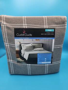 Cuddl Duds 400751811533 Heavyweight Cotton Flannel Twin Sheets Set Gray And Ivory Plaid New