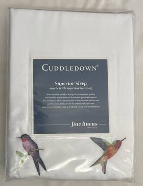 Cuddledown 888879291374 Queen Sheet Set White Sateen Embroidered Graceful Hummingbirds