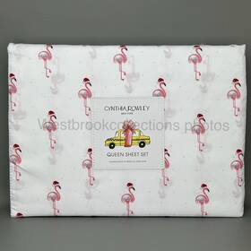 3105cs Cynthia Rowley Christmas Pink Flamingo Queen 4pc Sheet Set Santa Hat