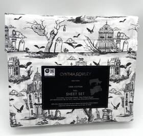 4000388369 Cynthia Rowley Haunted Toile Halloween Sheet Set Full Black White Cotton Nwt