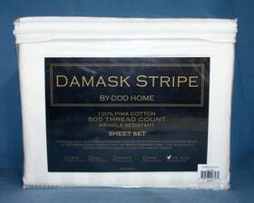 Ddd Home 858166003430 Damask Stripe California King Sheet Set White 500 Thread Count