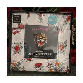 816402 Ed Hardy 6-piece Queen Sheet Set Tattoo Hearts Love Pattern White Multicolor