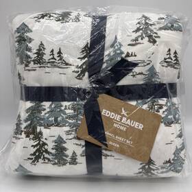 Eddie Bauer 883893921429 Pine Trees White 100% Cotton Flannel Queen 4 Piece Sheet Set New