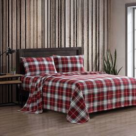 A0003792 Eddie Bauer - Queen Bed Sheets Cotton Flannel Heartland Plaid Red