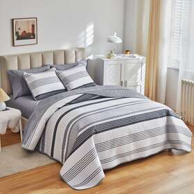 Flysheep 150055685623 Quilt Set 5 Pcs Bed In A Bag Twin Size Gray N Navy Striped On White