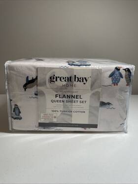 Great Bay Home 192020039587 Christmas Flannel Sheet Set Queen 100% Turkish Cotton 4 Piece Penguins