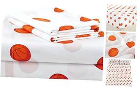 Green Living Group 840079152688 4-piece Kids/teens Sports Sheet Set - Soft Full White/orange Basketball