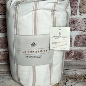 Hearth & Hand With Magnolia 191908737805 4pc Queen Cotton Percale Tick Stripe Sheet Set Pebble -