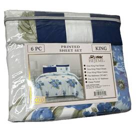 91601-k Hejeme King Microfiber 6-piece Sheet Set Floral Blue/white Deep Pocket