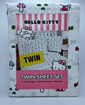 Hello Kitty 032281108717 Bedsheets 3 Pc Set Twin 100% Cotton Mushrooms Flowers Bows