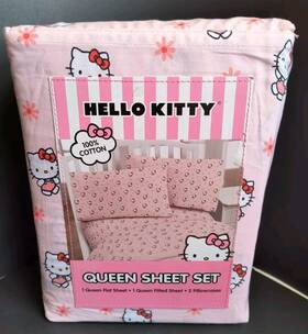 Hello Kitty 032281111588 Pink Sanrio Queen Sheet Set With Bows And Flowers 100% Cotton New