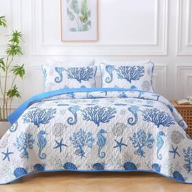 Heymybed 702103227260 Coastal Quilt Set King Size 3 Pieces Blue Bedspread Coverlet With 2 Pillow S