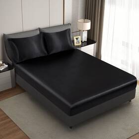 Hommxjf 749284232843 Silk Satin Black Queen Fitted Sheet Only Deep Pocket Brea