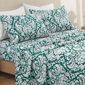 Qj240312-004 Horbaunal 4 Piece King Bed Sheet Set - Damask Pattern Dark Green Sheets M
