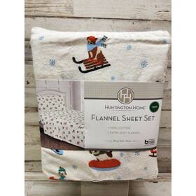 Huntington Home 061463683809 3 Pc Twin 100% Cotton Flannel Sheet Set Dog Fun In The Snow