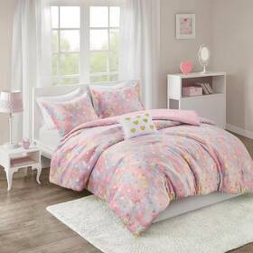 Intelligent Design 445043151143 Jenna 4-piece Pink Multi/gold Microfiber Full/queen Metallic Printed Plush Comfo