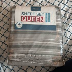 Rn157823 Interiors Microfiber Queen Sheet Set Silky Soft Easy Care Gray White Stripes